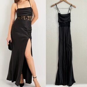 Romantic Intrigue Black Satin Lace Lace-Up Maxi Dress